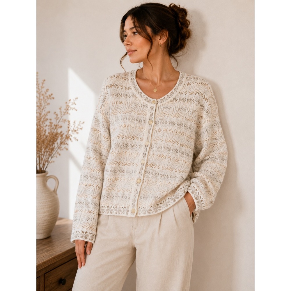 VTG L.L. Bean Cardigan Women XL Cream Tan Leaf Knit Made in USA Grandmacore Boho